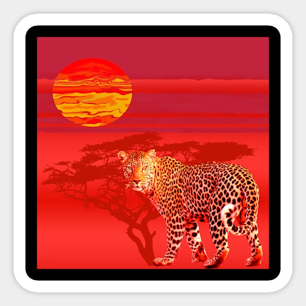 Africa Leopard Sunrise Desert Red Gift T-Shirt Sticker by gdimido